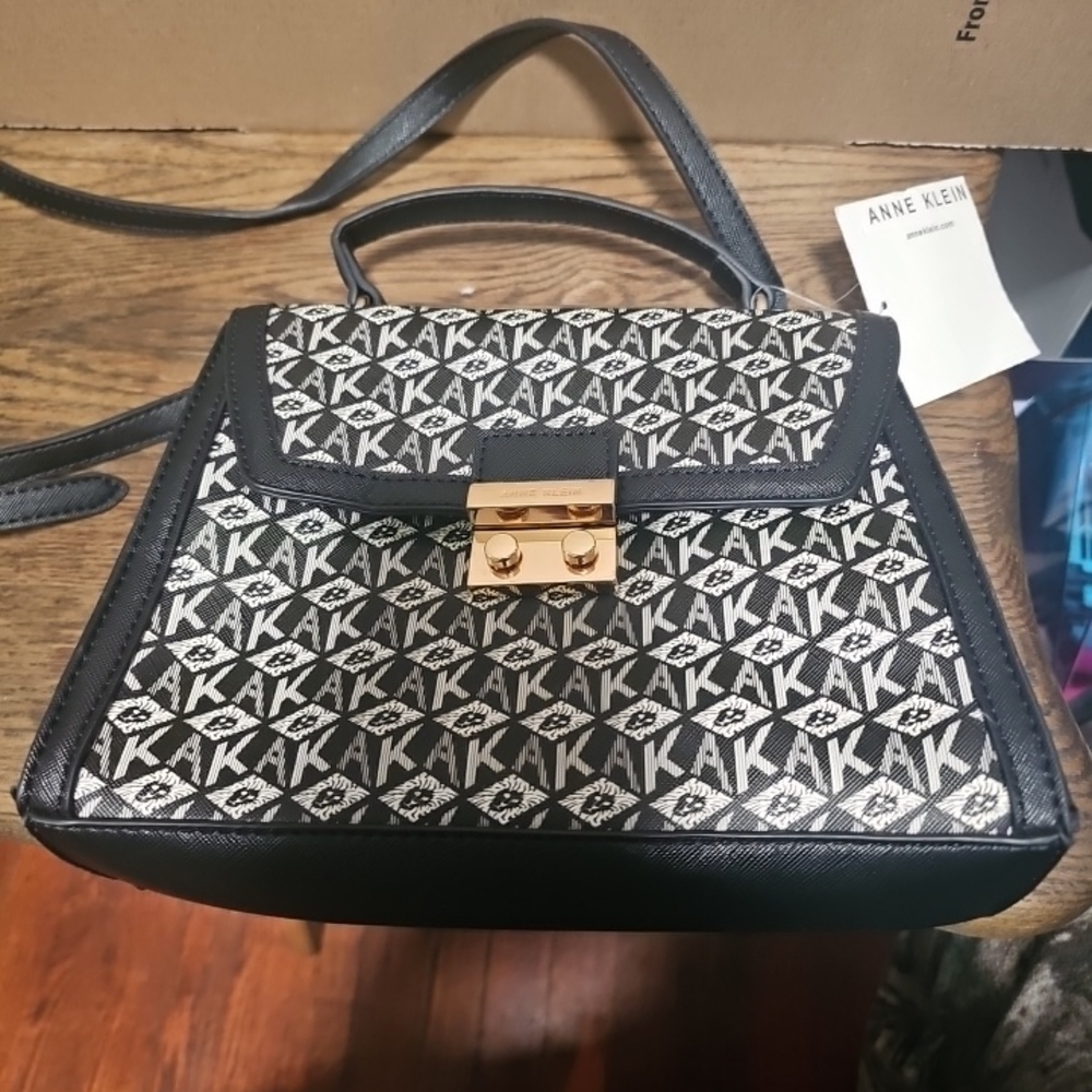 Anne Klein Monogram Crossbody Bag in Black and Gold